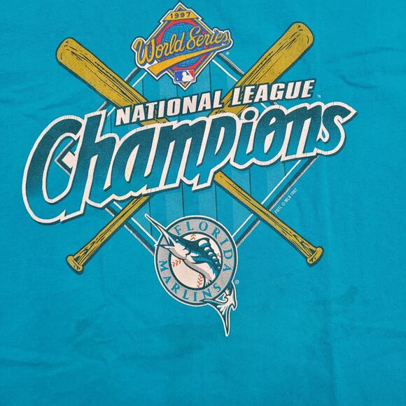 Vintage 1997 Florida Marlins Baseball Shirt Large 20x27 World-Series Blue - Picture 8 of 13